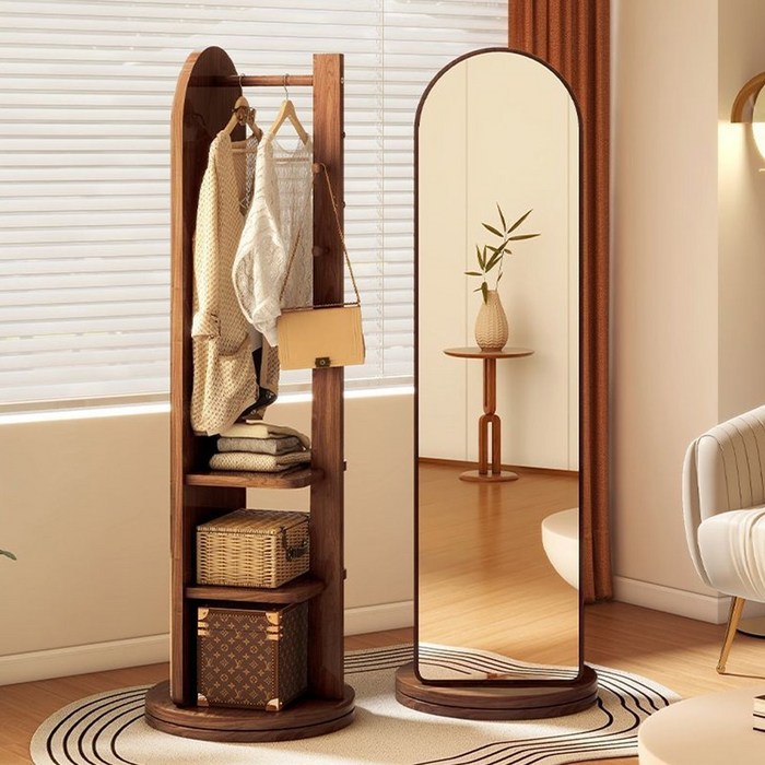 다용도 360도 스탠드형 회전 전신거울 수납 행거 원목 옷걸이, 갈색 나무색