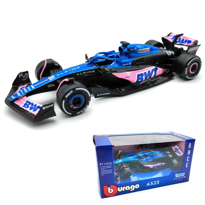 Bburago 143 BWT 알파인 2023 A523 F1 포뮬러 카 다이 캐스트 차량 소장용 모델 레이싱 장난감 아크릴 박