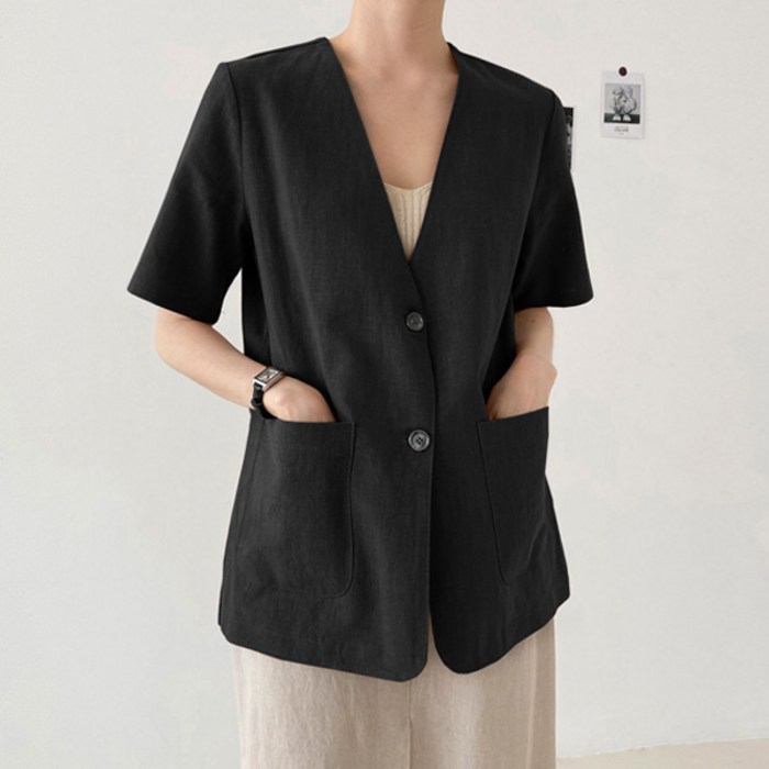 마이쏭 여성 빅사이즈 여름자켓 루즈핏 노카라 르마네추럴린넨반팔자켓