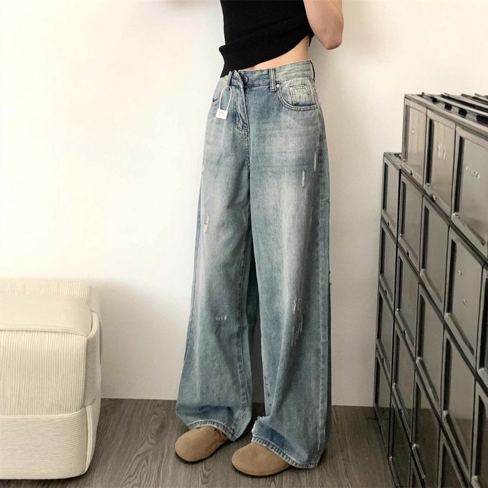 Wiseha 여성 롱와이드 데님팬츠 통넓은 청바지