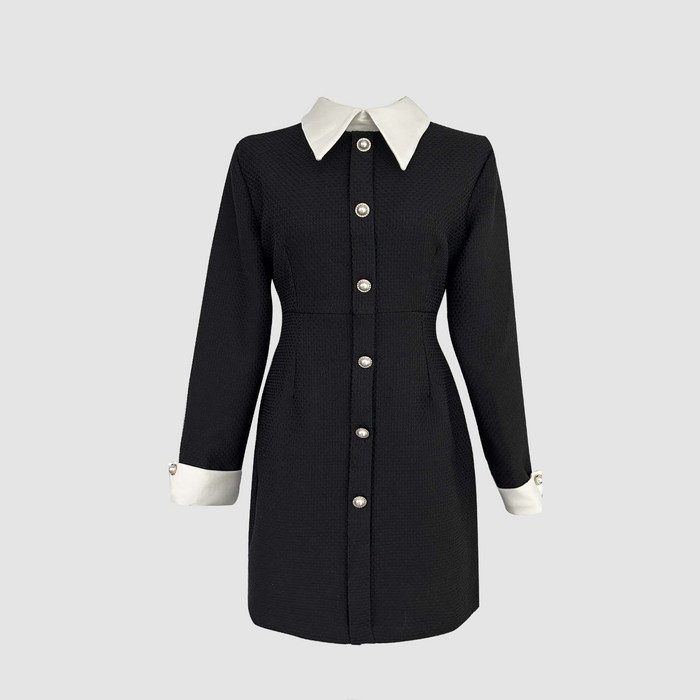 르네스 진주 버튼 카라 배색 트위드 미니 원피스