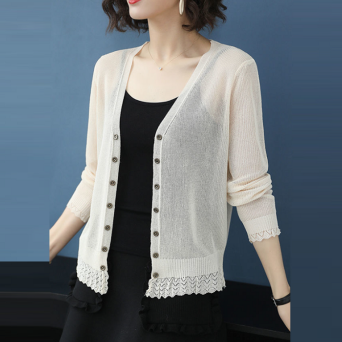 besteffie 여성 여름 얇은 가디건 브이넥 버튼 장식 소매 밑단 레이스 루즈핏 시원한 데일리 가디건 K83