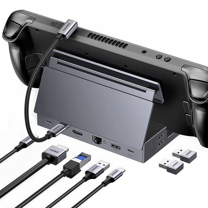 UGREEN 유그린 9in1 스팀덱 독 4K60Hz 10Gbps HDMI2.0 접이식 스탠드 USB C 도킹 스테이션 기가비트 이더넷 연결 지원 ROG 앨리 ROG X와 호환됨, 1개, Grey
