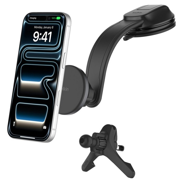 벨킨 부스트차지 마그네틱 Qi2 차량용 송풍구 대시보드형 고속 무선 충전기 15W, 블랙, WIC012fqBK