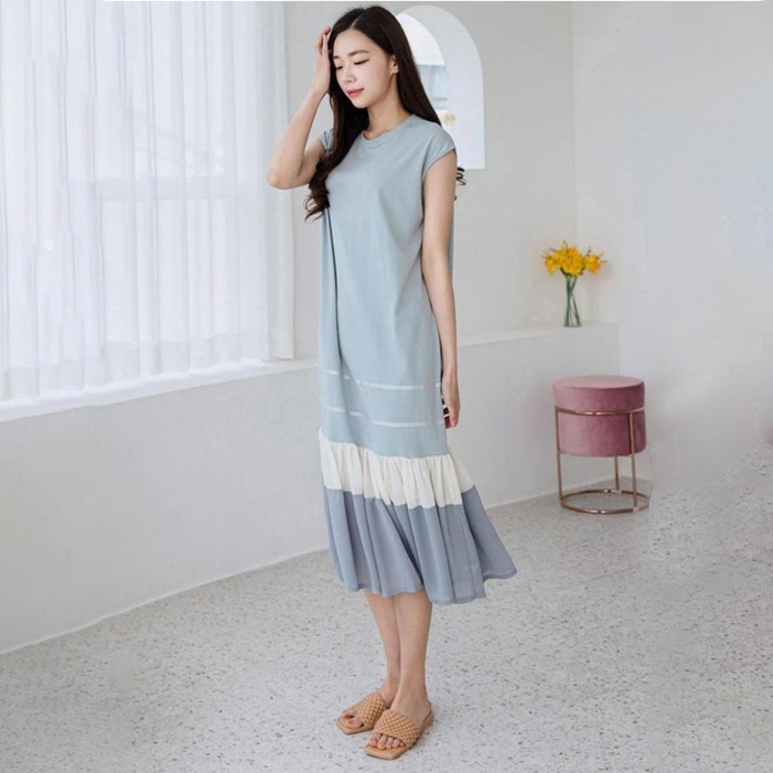 헤링본 배색 민소매 나시 캉캉 프릴 롱 비치원피스 HE060