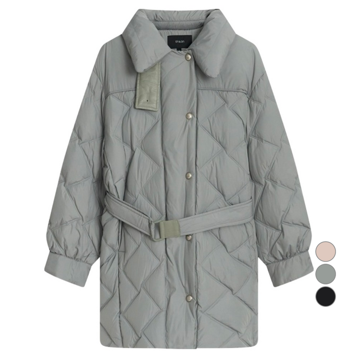 온앤온 여성용 벨티드절개카라중기장구스 점퍼