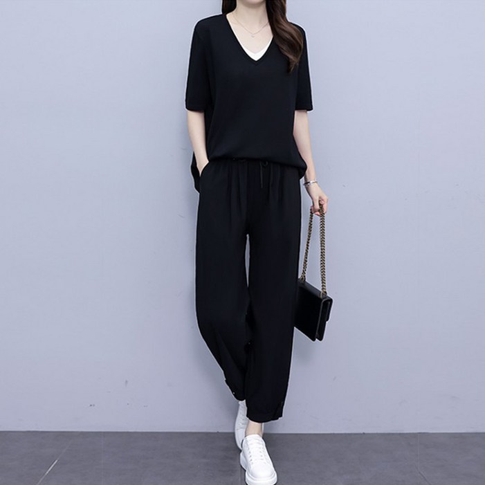 퀸이즈 여성용 레이어드 포인트 반팔 상하의 세트