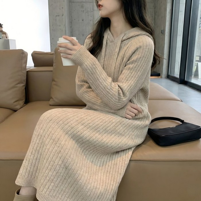 빅사이즈 골지 후드 롱 원피스