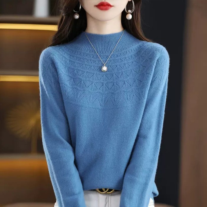 여성용 100% 캐시미어 니트티 반목폴라 양모 니트티 겨울 긴팔 스웨터