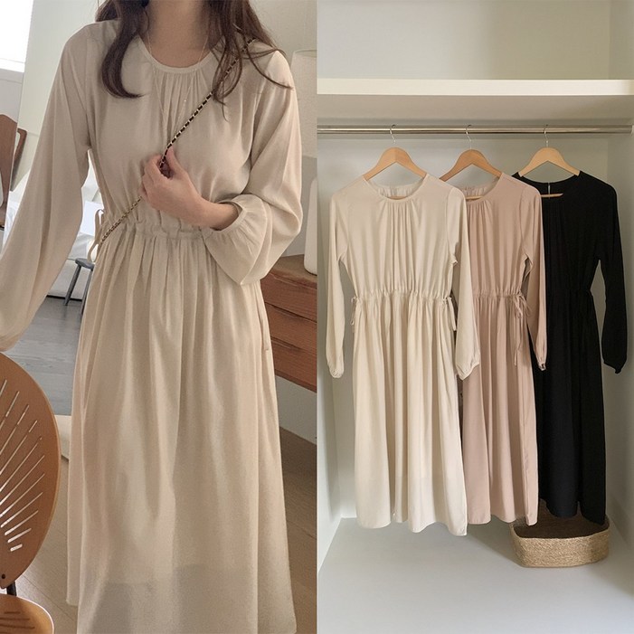 뮤앤뮤즈 여리여리 긴팔 플리츠 롱 원피스 결혼식 하객룩