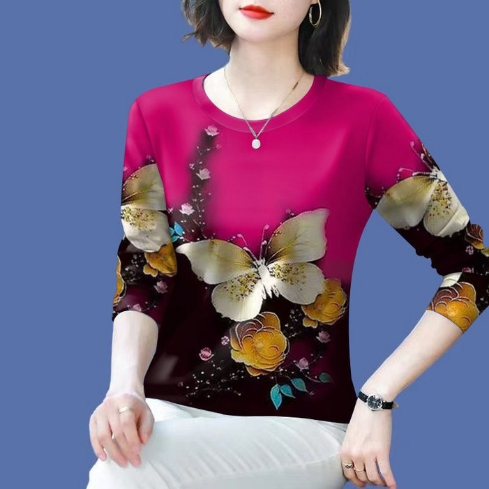 딜마켓 나빈티셔츠  여성 꽃나비 화려한 티셔츠 상의