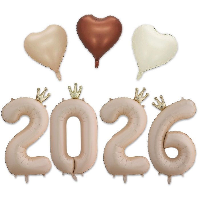 해피쏘굿 2026 숫자 풍선 세트, 1세트, 40인치 베이지왕관숫자하트풍선세트