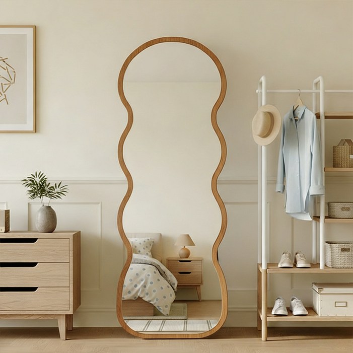 Zzang Room 비정형 스탠드 전신거울 인테리어 아치형, 원목색