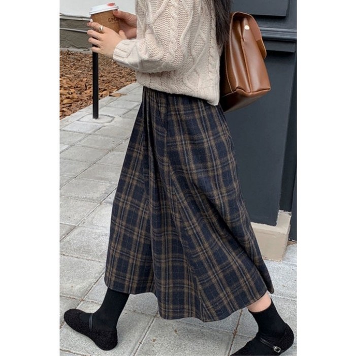 패션 여성 롱 스커트 롱 체크 울 스커트 레트로 스타일 편안한 디자인 JS