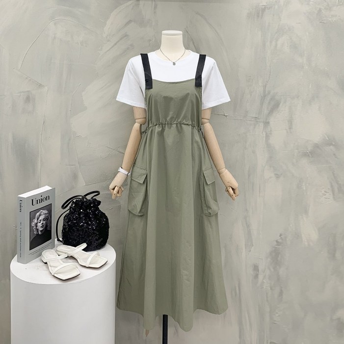 행복여 페어 포켓 스트링 멜빵 끈 조절 뷔스티에 원피스