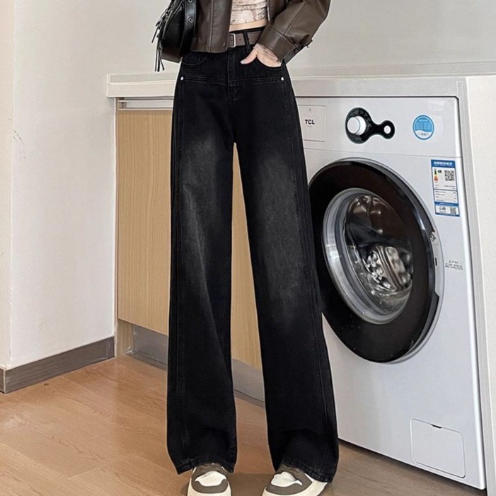 SAHINER 겨울 여성 하이웨이스트 와이드핏 기모청바지 캐주얼 보온 롱팬츠 ANZ79