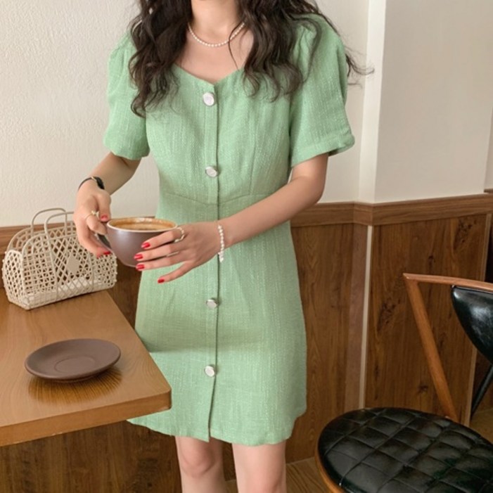 안전 여름 트위드 미니 원피스 반팔 퍼프소매 브이넥 A라인 하객룩 결혼식 피로연 오피스룩 키작녀 그린 화이트 원피스
