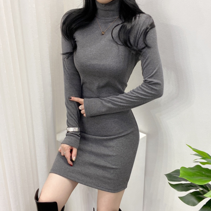 스트릿제이 기장선택 스판 무지 슬림 기모 폴라 원피스