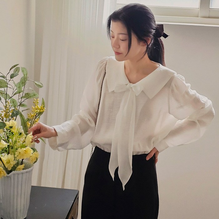 로로텐 플랫 카라 타이 블라우스 퍼프 긴팔 여성 빅사이즈