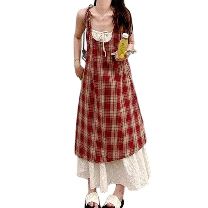 마이클로젯 MC0154 레이스 레이어드 끈나시 언발 원피스