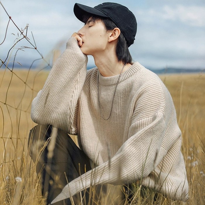 소리울 남자 라운드넥 오버핏 두꺼운 니트 스웨터 베이직