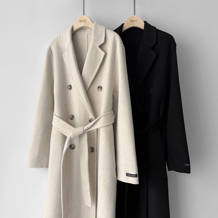 메일리 핸드메이드 울100 양모 오버핏 루즈핏 겨울 울 모직 벨트 더블 여성 여자 롱 코트 아우터