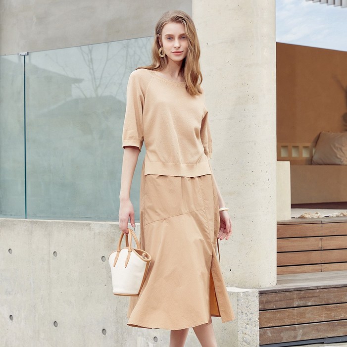 [레니본] 페미닌 와플 니트 레이어링 원피스 1종 (블랙, 썸머 베이지, 라벤더)