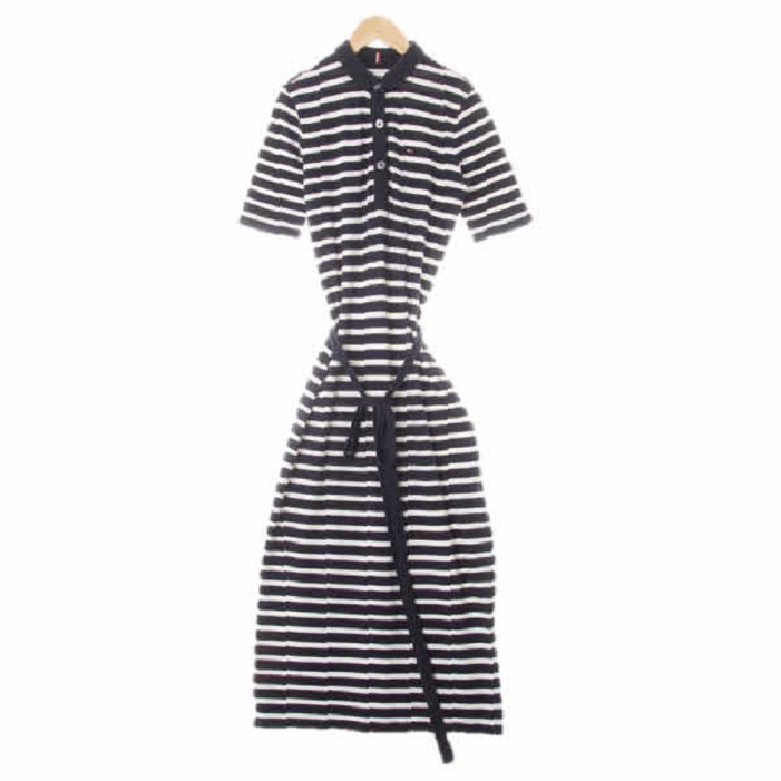 6259 토미힐피거 다크네이비화이트 스트라이프 면혼방 미니로고하프소매롱카라원피스 XS