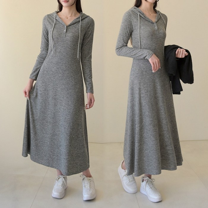 데일리앤 오브제 차르르 헨리넥 후드 스판 롱 원피스 가을 캐주얼 여리핏 홈드레스