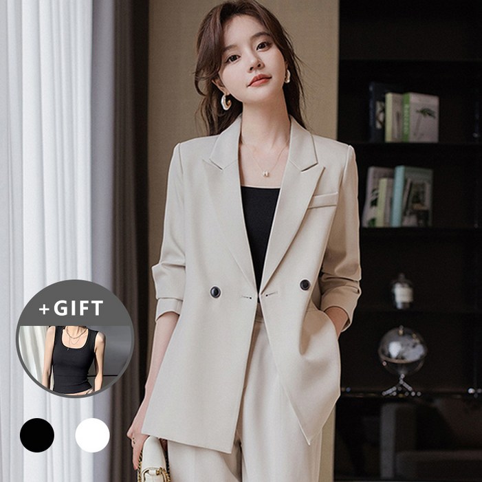 Titikong 여성 셋업 데일리 정장세트  스트랩 나시 티셔츠 증정 모던 심플 프리미엄 빅사이즈