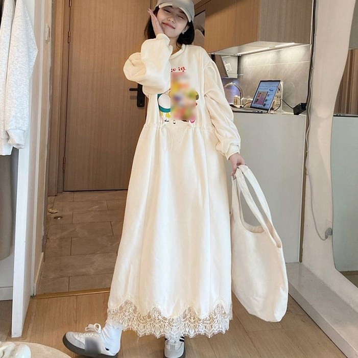 여성 프린트 레이스 라운드 a라인 원피스 여자 기모 두툼 맨투맨 원피스 빅사이즈