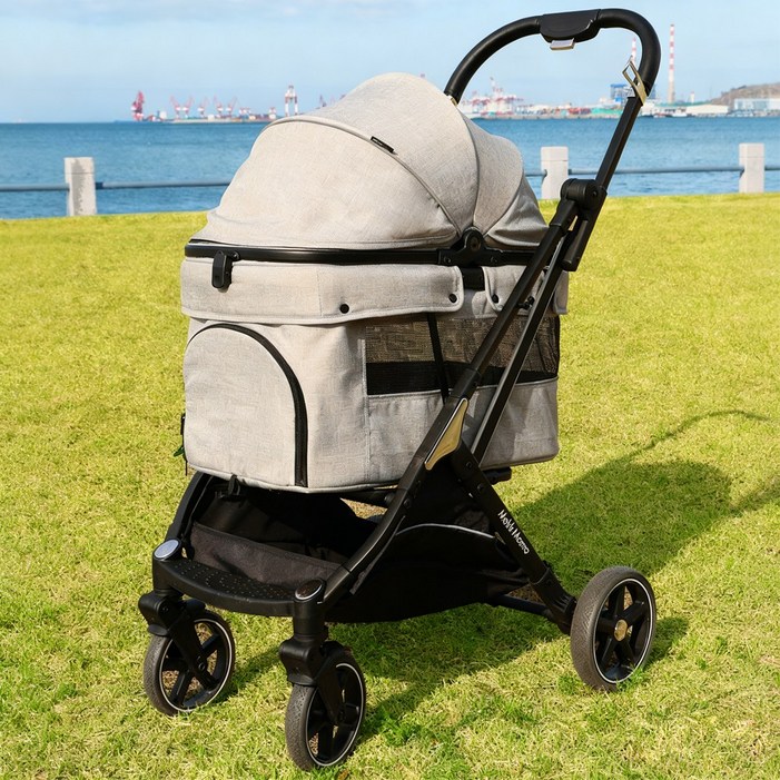 MekkMomo 강아지 유모차 접이식 대형 견 휴대용 개모차 25kg까지 4륜 충격흡 수 방수통풍, 회색, 1개