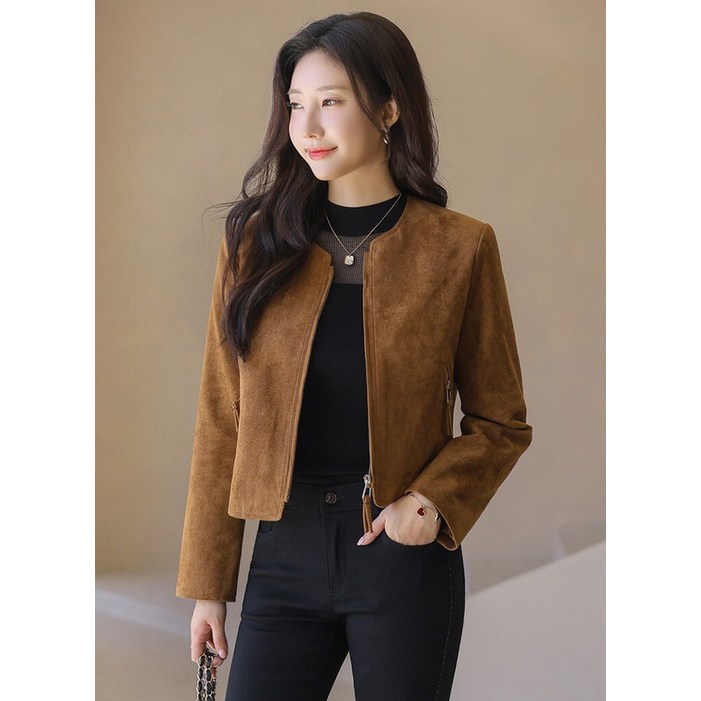 스타일온미 스타일온미 데미스 어텀 무드 세미 크롭 스웨이드 집업 자켓 441025