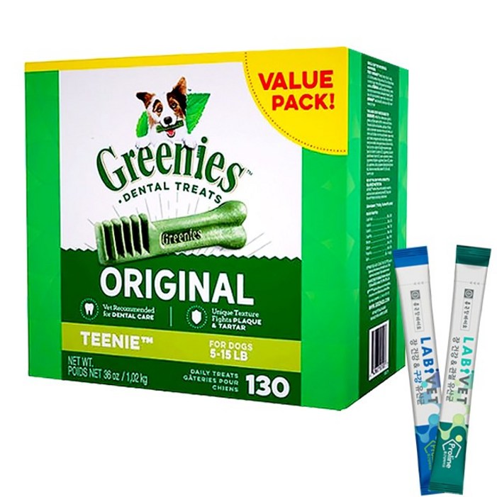 그리니즈 오리지널 티니 몬스터백 1.02kg 130P 강아지 덴탈껌+ 라비벳 유산균 2P