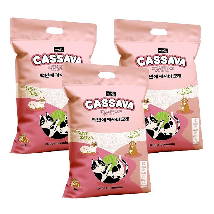 백년애 먼지없는 고양이 카사바 대용량 모래, 혼합입자, 3개, 5kg