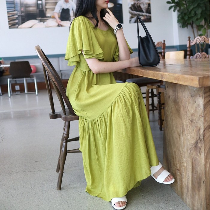 메리앤유 프릴소매 디테일 요루원단 롱원피스
