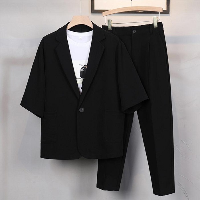 남자 여름 정장 세트 캐주얼 7부 반팔 재킷  정장 팬츠 슈트 고급 남성 세미 정장 세트 YJW