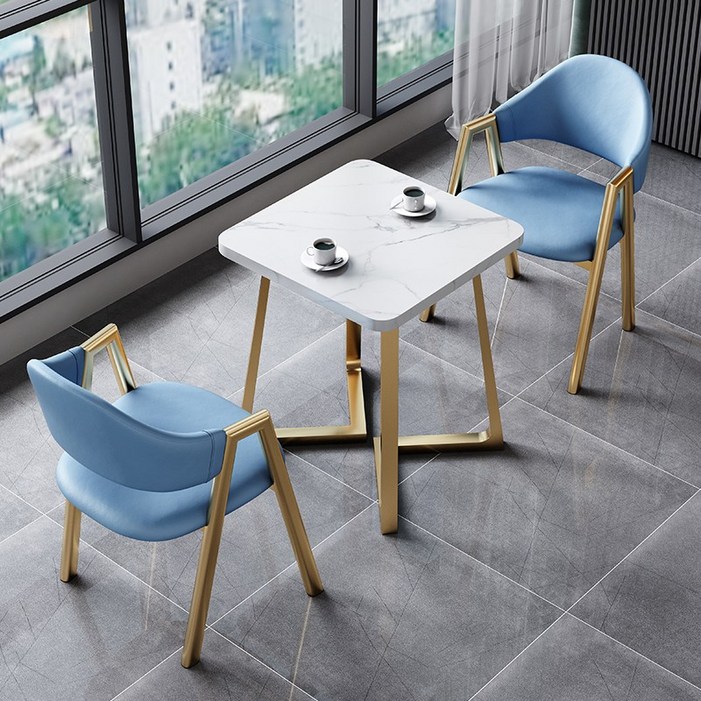 카페2인테이블 TENEW 로멘틱 2인용 신혼부부 식탁 테이블 세트 의자 원형 카페 둥근모서리, 스퀘어테이블-600-화이트/모던2체어-라이트블루