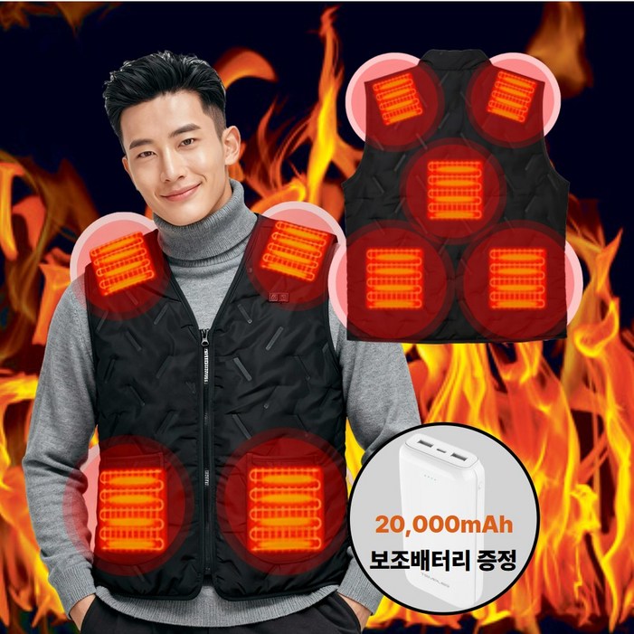 라코앤 3단 온도조절 경량 기모 v넥 발열조끼 20000mAh 보조배터리 포함 캠핑 등산 골프