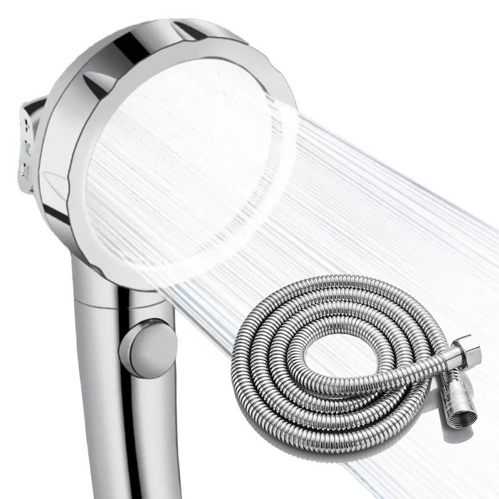 몬스터팜 욕실 교체용 수압상승 샤워기 헤드 샤워 호스 2m, 메탈릭실버, 1세트