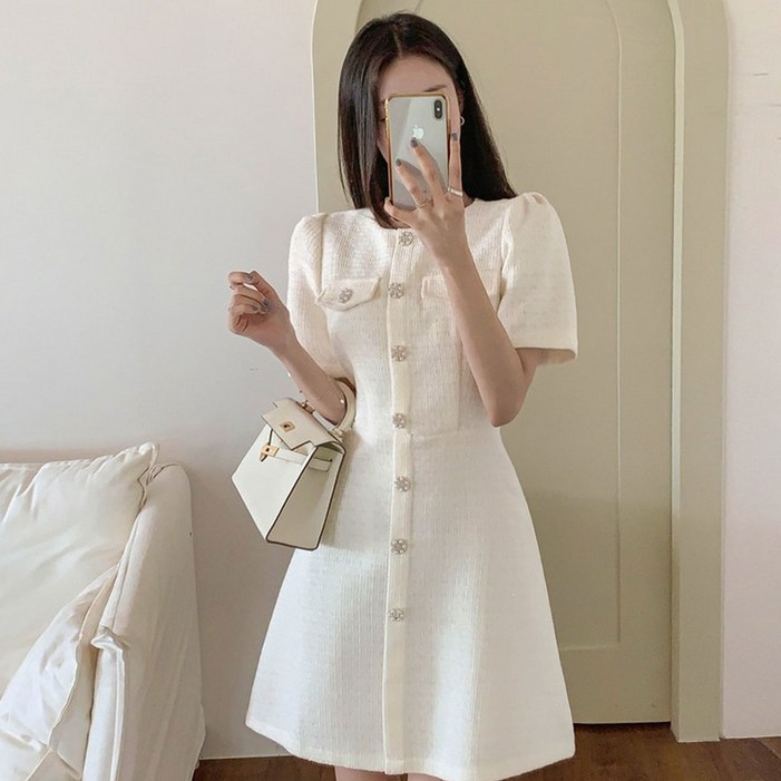 떳다그녀 마리엣 트위드 버튼 클래식 오피스룩 반팔 하객룩 포멀 드레스 A라인 플레어 미니원피스