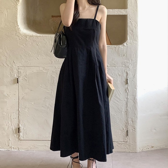 제미스 핀턱 플레어 스퀘어넥 끈나시 롱원피스