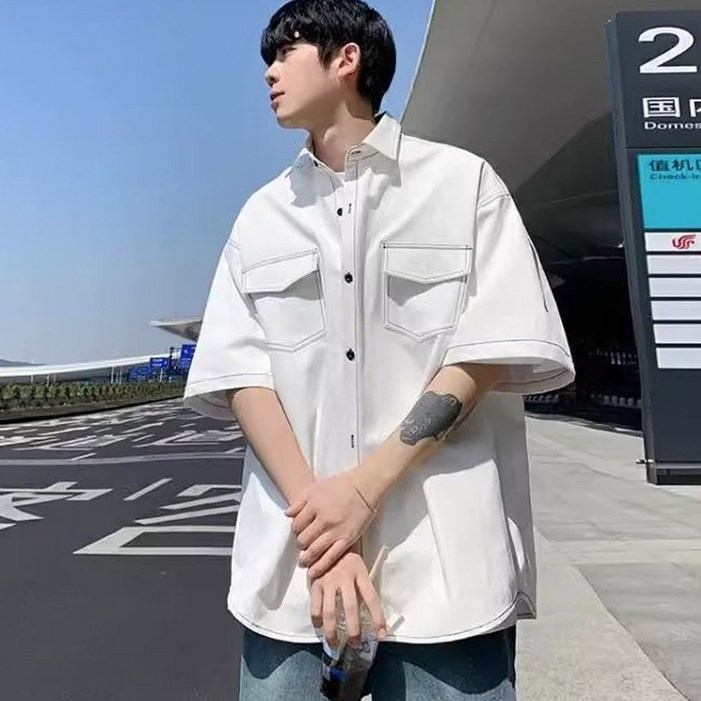 남성 루즈핏 스티치 투포켓 반팔 남방 3컬러