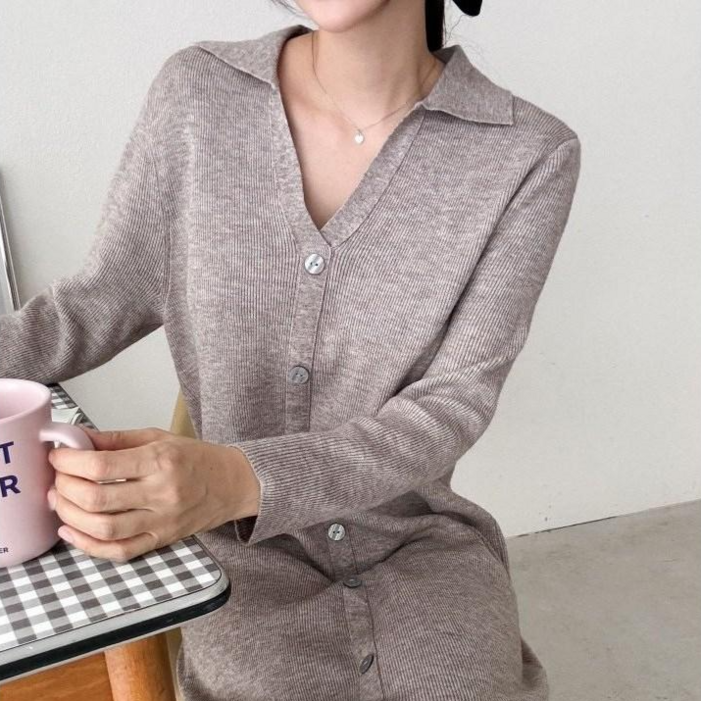 NewCare 여성 니트 롱 원피스 브이넥 카라 단추 뒷트임