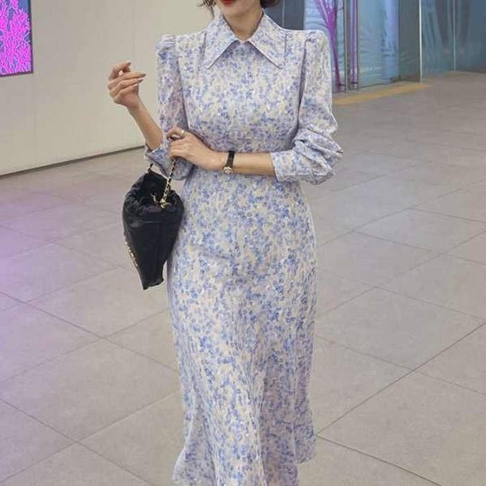 잔 꽃무늬 칼라 넥 긴팔 A라인 미디 원피스