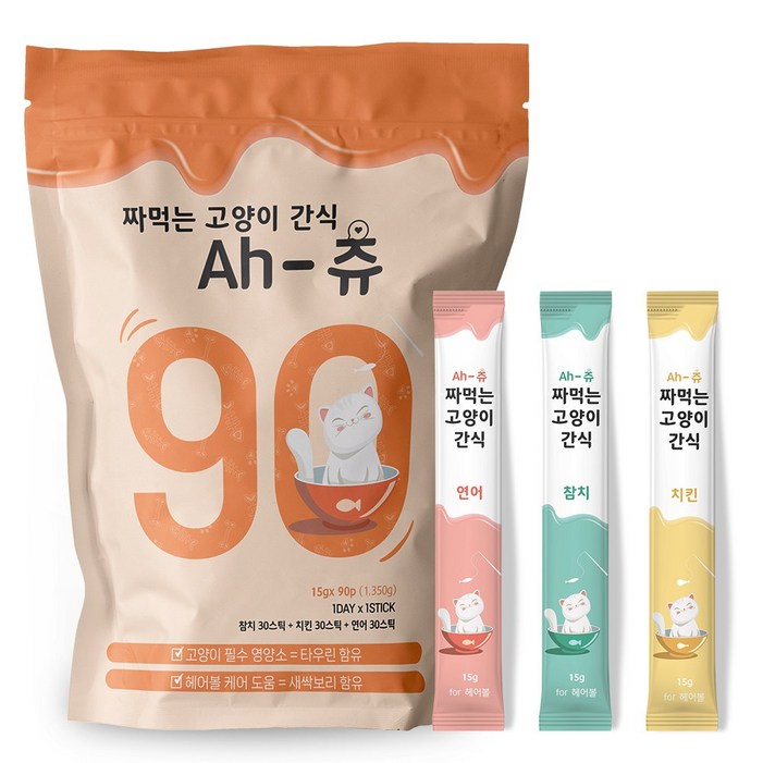 아츄 헤어볼 방지 짜먹는 고양이간식 3가지맛 90p, 1개, 1.35kg, 연어 30p 닭고기 30p 참치 30p 아츄 헤어볼 방지 짜먹는 고양이간식 3가지맛 90p, 1개, 1.35kg, 연어 30p 닭고기 30p 참치 30p