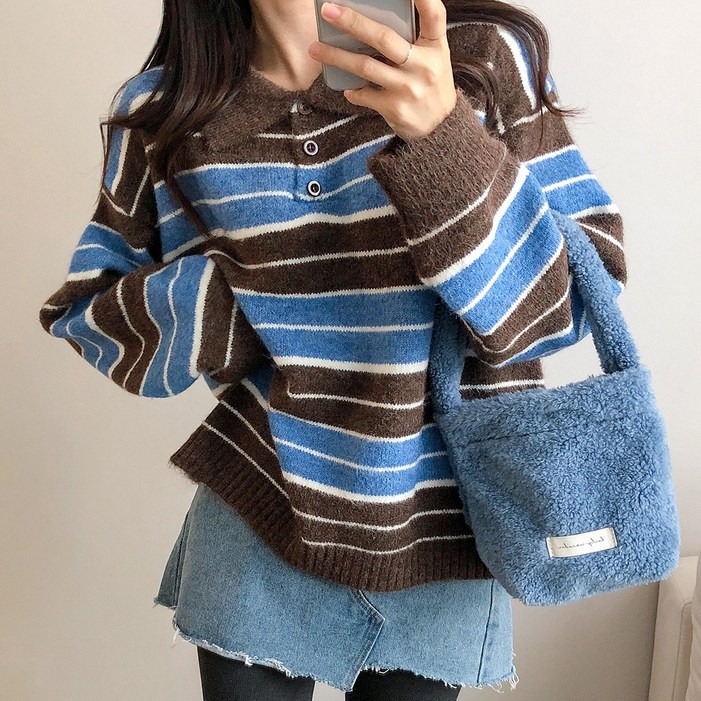 요시아나 당일발송 몽테르 배색 스트라이프 카라넥 루즈핏 니트 2컬러