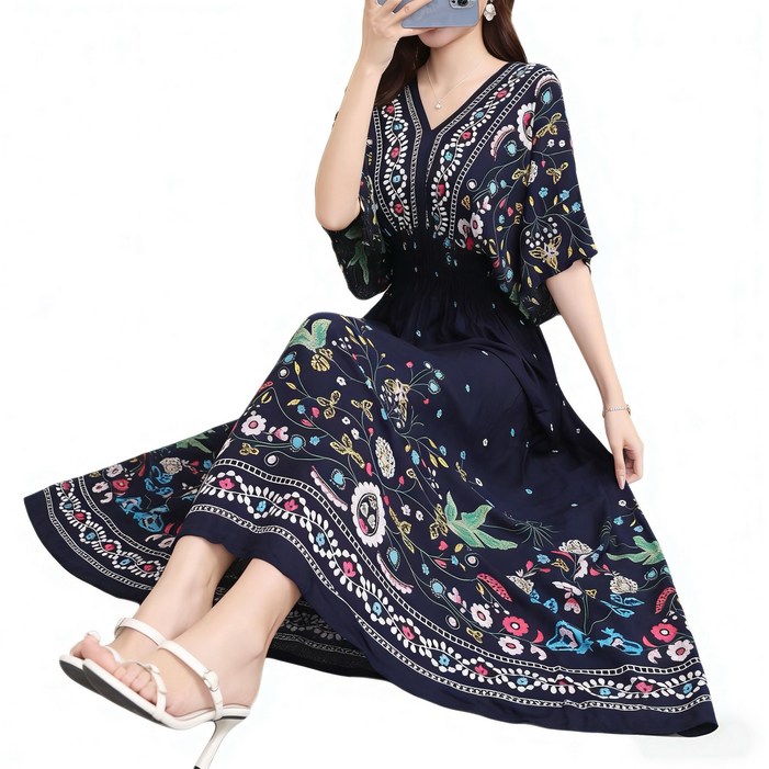 여름 여성 빅 사이즈 프린트 보헤미안 반팔 원피스