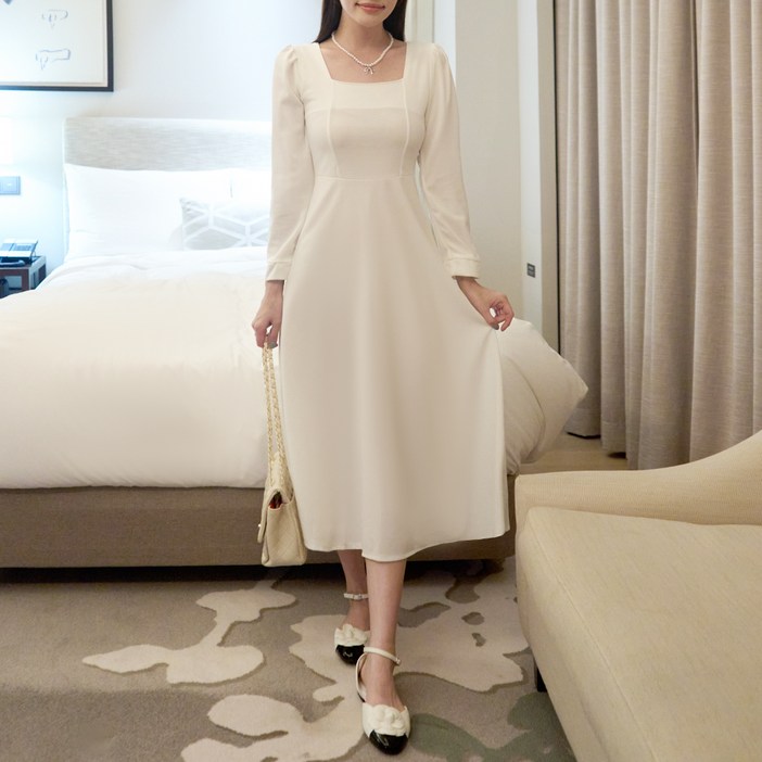 엘쏘 햅번 스퀘어넥 A라인 긴팔 롱 원피스