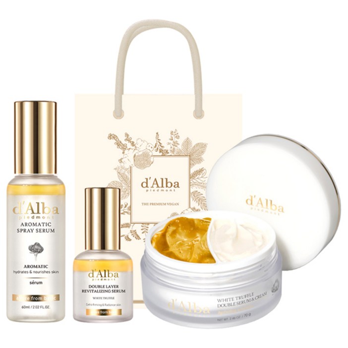 달바 화이트 트러플 퍼스트 아로마틱 스프레이 세럼 60ml + 더블 레이어 리바이탈라이징 세럼 30ml + 더블 세럼 앤 크림 70g + 기프트백 기초세트